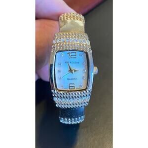 Women's Kim Rogers Silver Tone Bangle Bracelet Watch with MOP Face,Crystal Accen